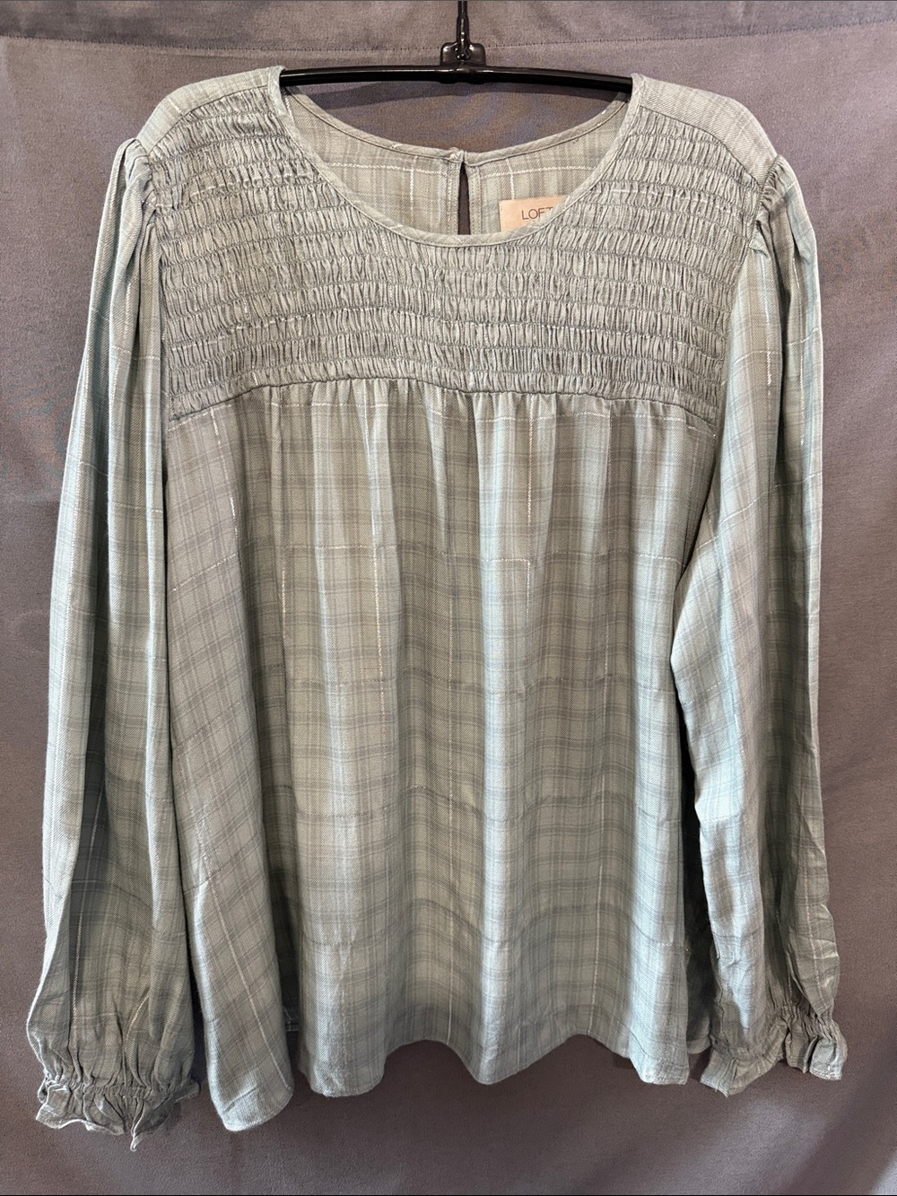 LOFT Plaid Cottagecore Smock Neck 
Long Sleeve Blouse in Green & Silver XL NWT